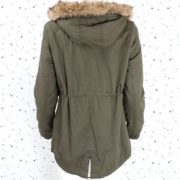 Olive Faux Fur Hooded Sherpa Lined Utility Jacket - Picture 10 of 16